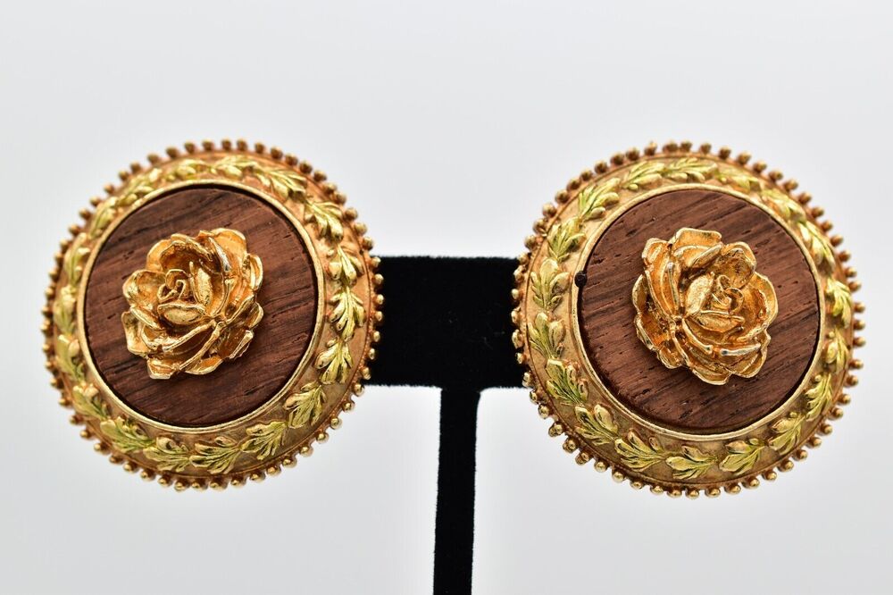 Vintage Rose Clip On Earrings Wood Inlay Antiqued Gold Heavy Chunky 1980s BinAI